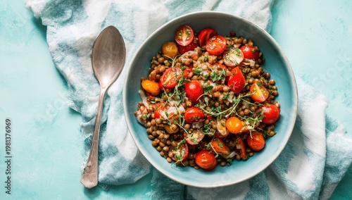 Healthy Lentil Salad with Cherry Tomatoes and Fresh Herbs.