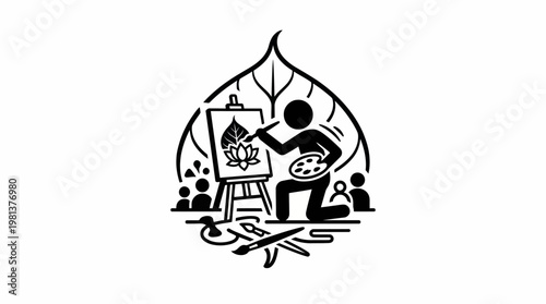 Artist Painting Lotus Flower on Easel