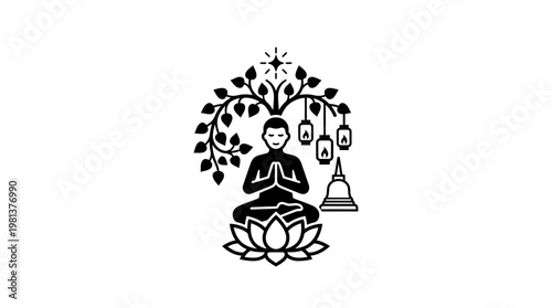 Meditating Monk Symbol Under Tree and Lanterns