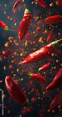 Explosion of Red Chili Peppers and Spices in Mid-Air.