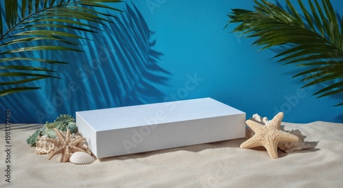 Minimalist White Box on Sandy Beach with Starfish and Palm Leaves.