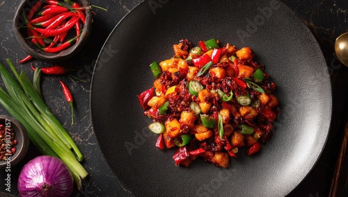 Spicy Stir-Fried Chicken and Vegetable Dish with Chili Peppers.