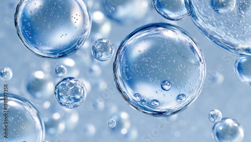 Close-up Macro Shot of Transparent Bubbles in Blue Liquid.