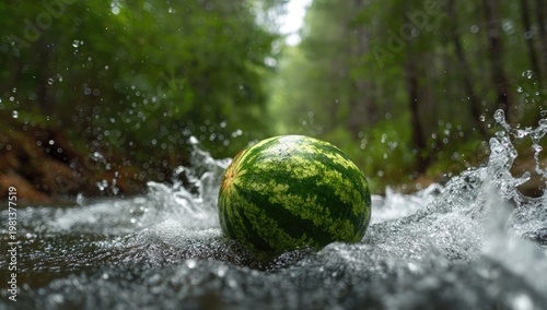 A Ripe Watermelon Sits in a Rushing Stream Surrounded by Lush Greenery.