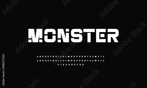 MONSTER Tech bold font alphabet, trendy modern Latin letters and Arab numerals for you design interface or brand name or logo, vector illustration 10EPS