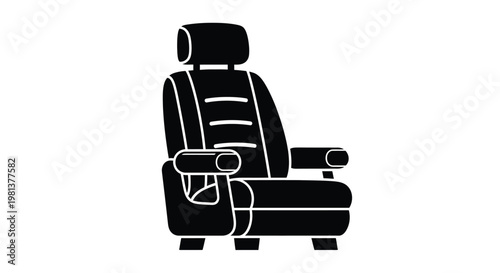 A minimalist black and white silhouette depicts a single automotive vehicle seat with a headrest