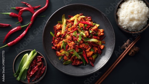 Spicy Stir-Fried Chicken with Vegetables and Rice.