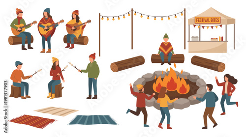 Flat style vector illustration of a cozy autumn festival with young people gathering around a stone fire pit, playing guitar, roasting marshmallows, and sitting on wooden logs