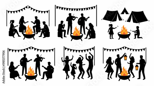 Silhouette vector set of people enjoying a night camping trip around a glowing fire pit, featuring friends dancing, playing music, sitting by tents, and celebrating under flags