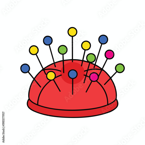 Colorful Push Pins and Thumbtack on a Red Pin Board for Office and Home Organization