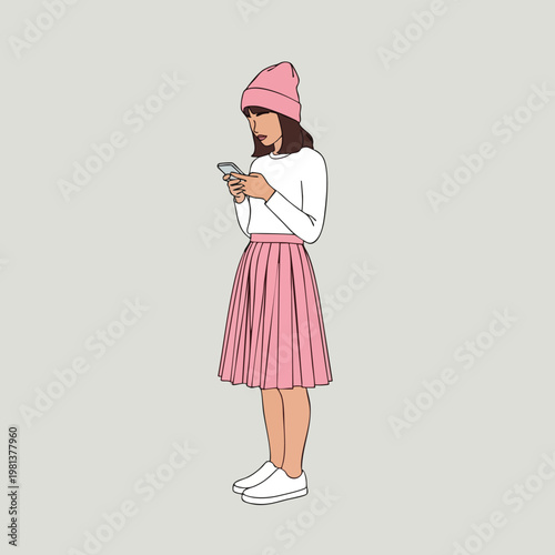 Young Woman Using Smartphone in Casual Spring Outfit