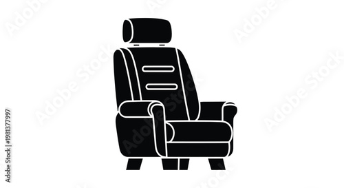 A minimalist black and white silhouette of a comfortable modern automotive racing style seat