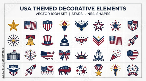American flag patterns and symbols decorate a collection of USA themed icons