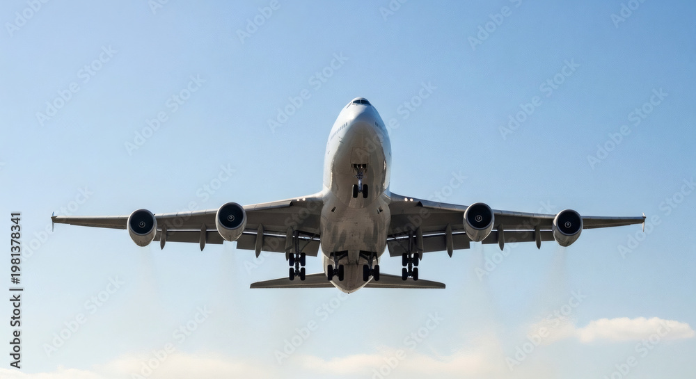 Fototapeta premium A large commercial airplane flying through a clear blue sky