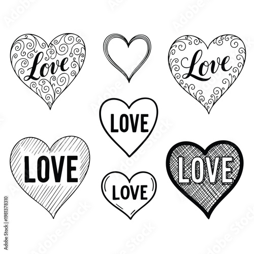 Set of Various Love Themed Heart Illustrations for Romantic and Valentine s Day Designs