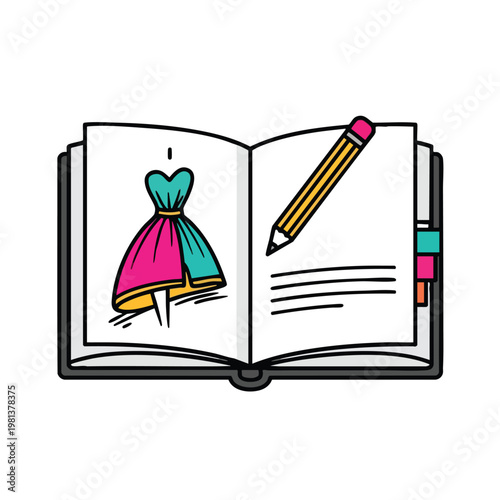 Open Sketchbook with Fashion Illustration and Colorful Dress Sketch