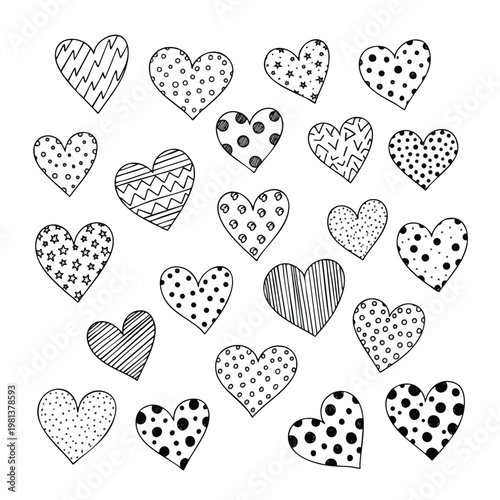 Set of Hand Drawn Dotted and Striped Hearts for Creative Designs