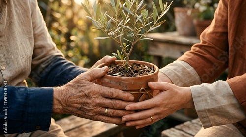 A heartfelt sustainable Mother's Day gifting moment, with an olive sapling symbolizing enduring love and care passed between generations