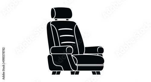 A minimalist black and white silhouette depicting a modern car seat with a headrest and armrests