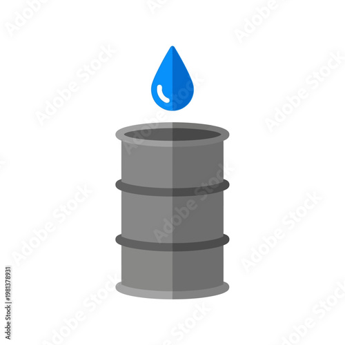 Modern flat design icon illustrating a grey industrial barrel with a blue water drop, symbolizing essential resources, sustainable energy, raw materials, and the global supply of liquids