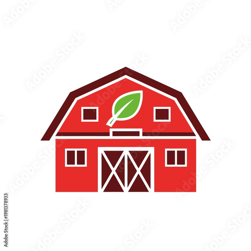 Red barn with a green leaf symbolizing organic farming and sustainability