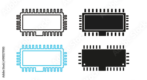 Illustration of four microchip integrated circuit designs in different colors and styles.