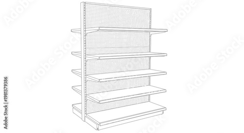 A black and white sketch of a freestanding retail shelving unit with multiple horizontal shelves