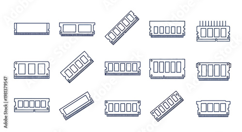 Collection of RAM memory modules arranged in various orientations for technology and computing.