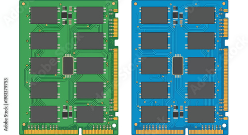 Two Parallel Computer Memory Modules on Green and Blue PCBs.