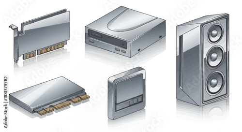 Set of modern audio and home entertainment electronics including speakers and components for stereo and surround sound systems.