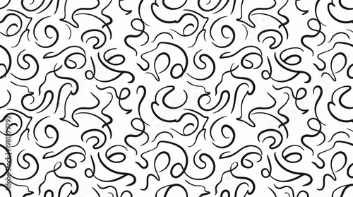 Nonrepresentational black and white abstract doodle pattern of swirling lines.