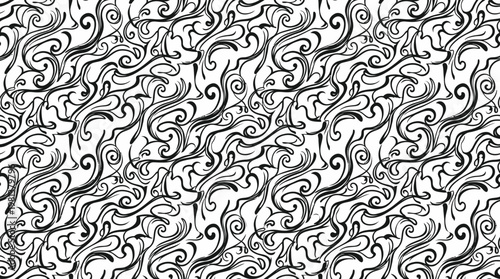 Intricate black and white geometric and floral swirl pattern suitable for backgrounds and design projects.