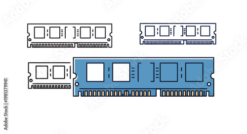 Set of blue and white passenger train cars on tracks, illustrated vector style for transport imagery.