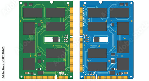 Pair of RAM memory modules in green and blue PCBs showcasing a dual kit design for desktop computers.