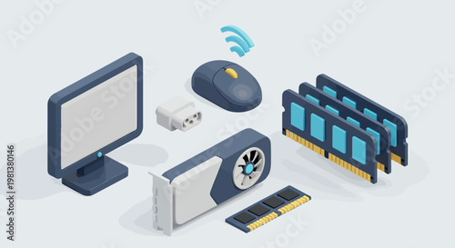 Isometric view of computer hardware components including monitor, mouse, RAM, and graphics cards.