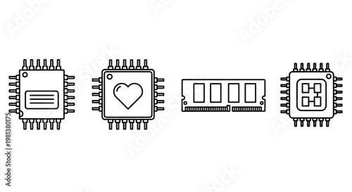 Sequence of Microchips with Heart Symbol Representing Tech and Love.