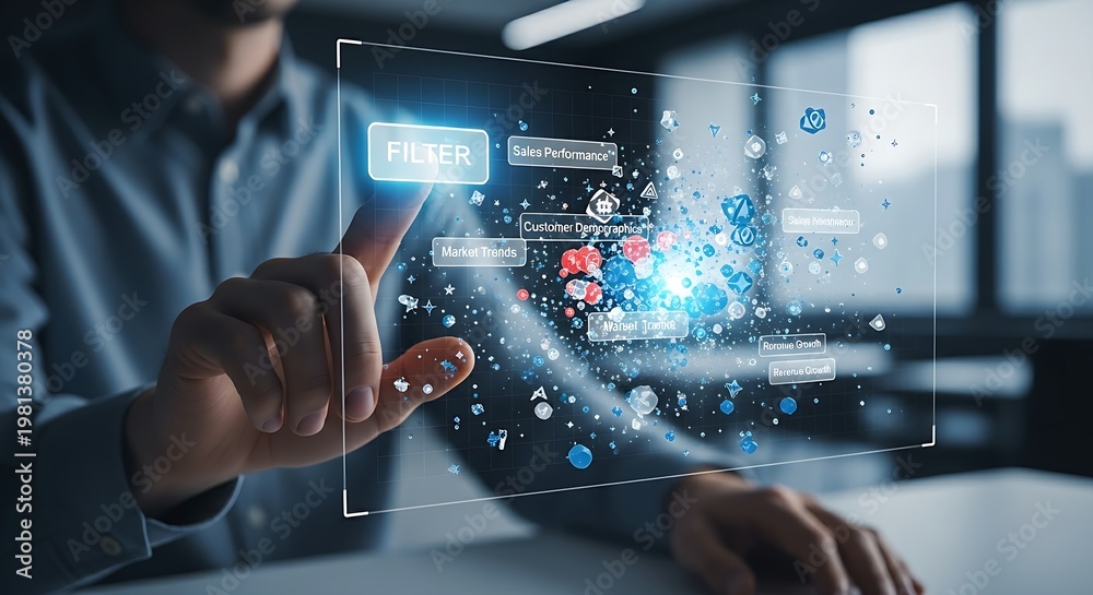 Fototapeta premium Data filtering concept. An analyst's hands press a 'filter' button on a hologram, causing multiple data points to vanish, leaving only the most relevant ones.