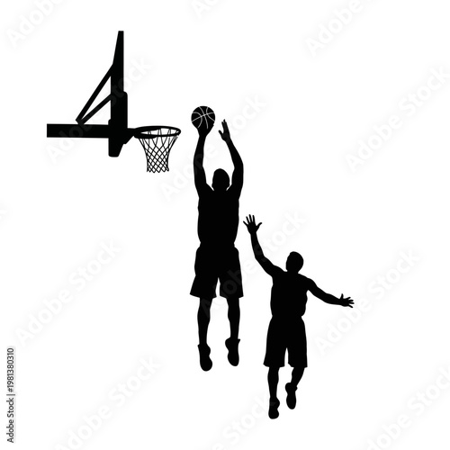 Silhouette of two basketball players jumping for a rebound during a game with one player attempting a shot at the hoop