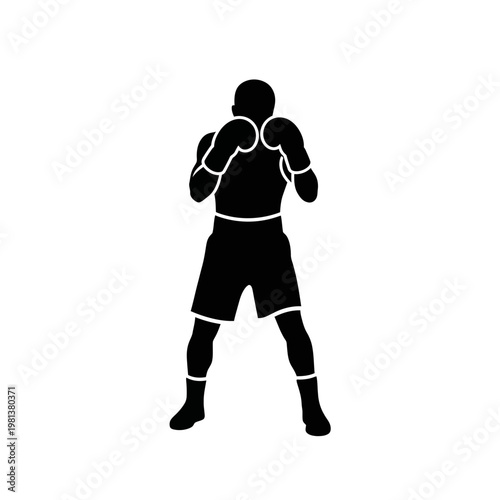 Dynamic black silhouette illustration of a boxer in a powerful fighting stance, embodying strength, discipline, and the competitive spirit of combat sports