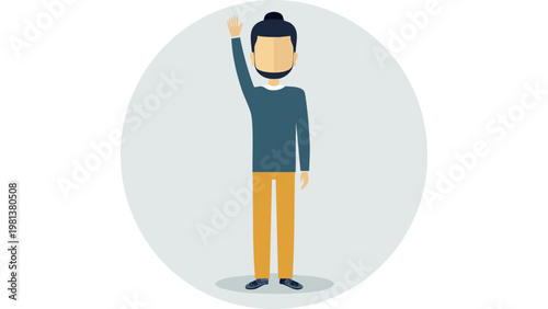 Man raising one hand standing casually representing greeting or participation in simple character illustration vector