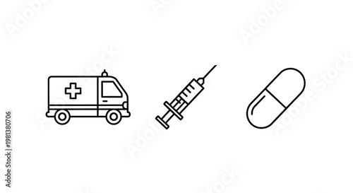 Medical icons ambulance syringe and capsule isolated on white