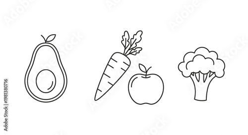 Healthy food icons avocado carrot apple broccoli illustrated vector