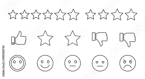 Icon collection of ratings stars thumbs faces and other elements