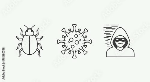 Icon set of bug virus and hacker symbols for digital security concepts
