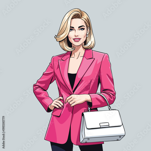 Professional Business Woman in Stylish Pink Blazer with Handbag