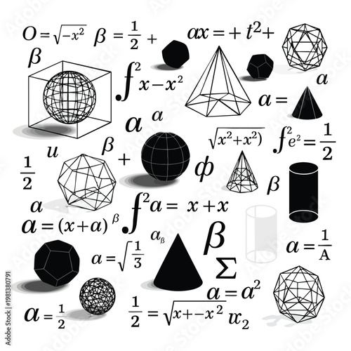 Abstract Scientific and Mathematical Diagrams with Geometric Shapes and Formulas