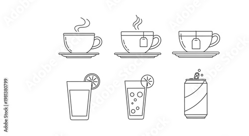 Line art beverage illustrations tea cups glass soda can on white