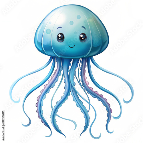 A cute cartoon jellyfish with a smiling face and colorful tentacles
