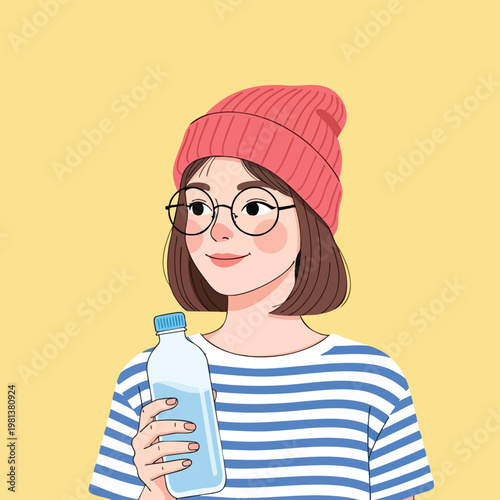 Young Woman Holding a Bottle of Water with a Pink Beanie and Glasses
