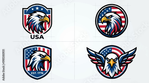 Vibrant american flag designs featuring eagle emblems and USA insignia